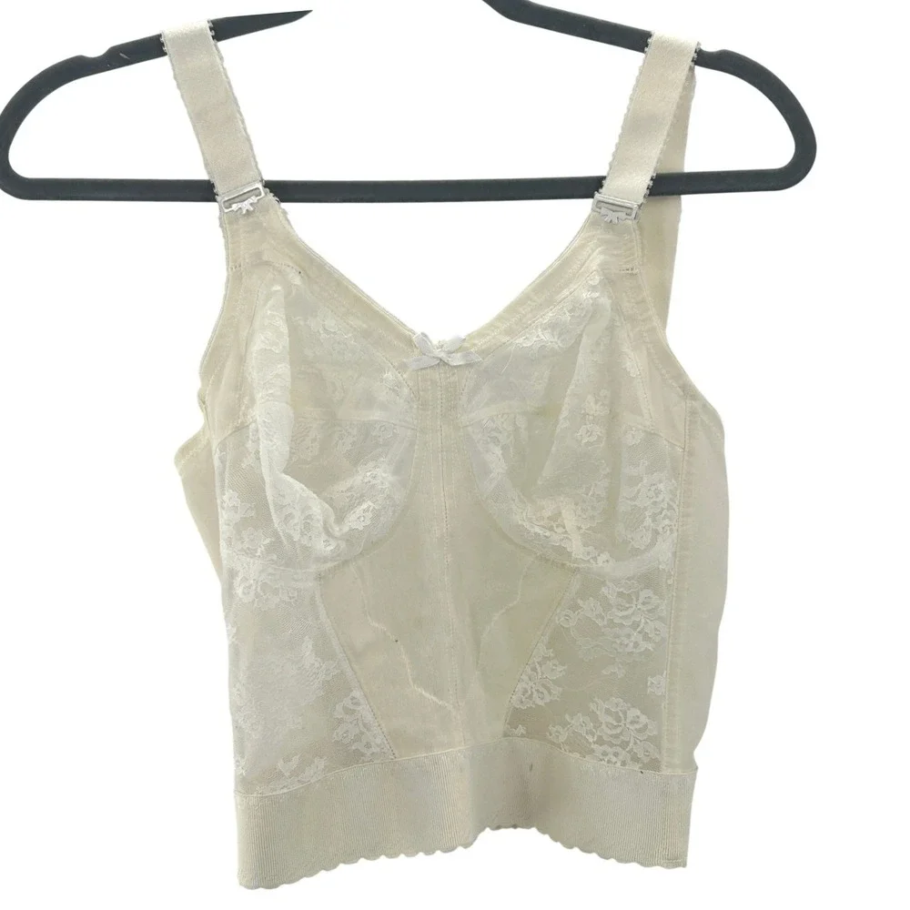 Bali 3300 Vintage Longline Bra Ivory Floral Lace Bustier 34D Hook Back Cream